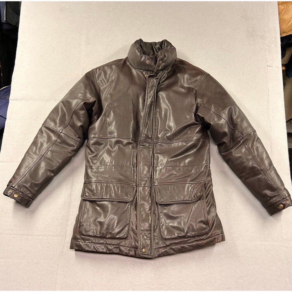 Vintage Eddie Bauer Leather Goose Down Puffer Jacket Men Size Medium Tall Brown
